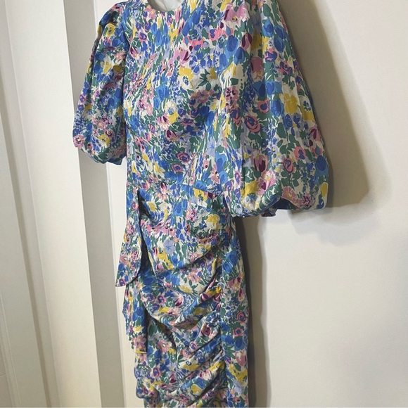 En Saison Floral Mini Dress Puffed Statement Sleeve Ruching Ruffle Cotton Small - Picture 6 of 13